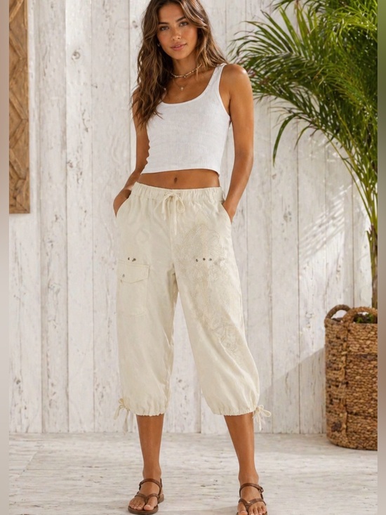 Caribbean Joe Pants - Caribbean Joe Cream Cotton Cargo Capri Pants Drawstring Coastal Beach ~ Size 14